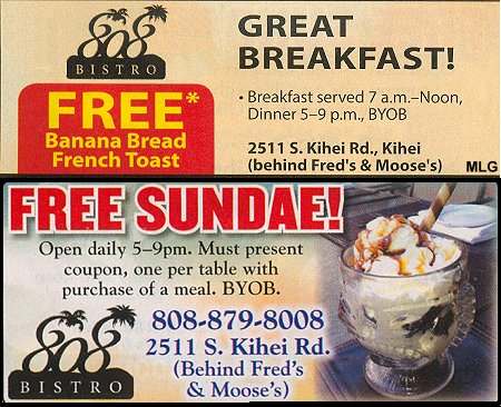 Coupon for Free Sundae or Free Banana Bread French Toast at 808 Bistro, Kihei, Maui, Hawaii