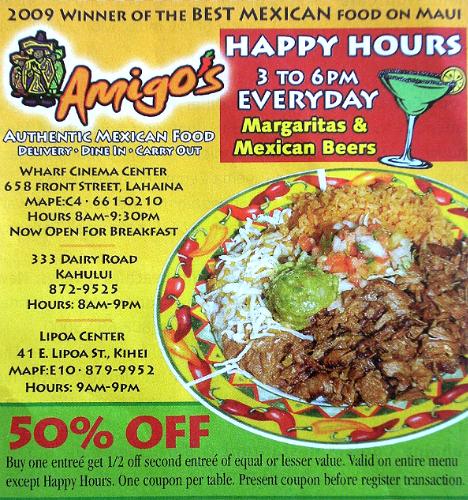 Amigo's Authentic Mexican Food. 50% Off. Buy one entreé get 1/2 off second entreé of equal or lesser value.