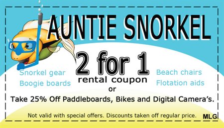 Auntie Snorkel Rentals, Kehei, Maui, 2 for 1 Snorkel sets or 25% Off Paddleboards, Bikes and Digital Cameras