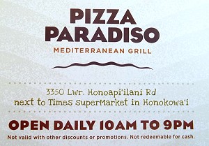 Coupon for Pizza Paradiso Mediterranean Grill, Honokowai, Maui