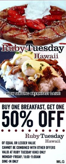 Ruby Tuesday Hawaii Coupon for 50% Off Second Breakfast discount coupon.