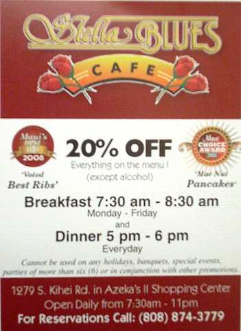 Stella Blues Cafe, Dining, 20% off everything on the menu